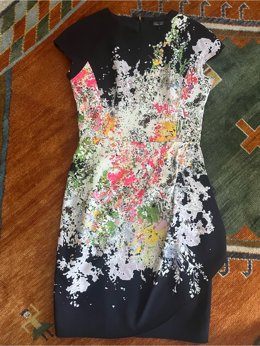 Teri Jon Black Midi Dress with Multicolor Floral Splash